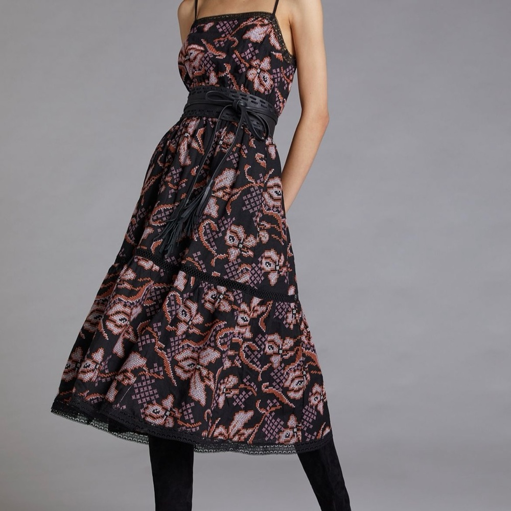 Anthropologie Black and Pink Cross Stitch Embroidered Midi Dress